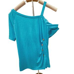 Blue Shor Sleeve Asymmetric Cold Shoulder Top Button Detail Breathable Blouse SM